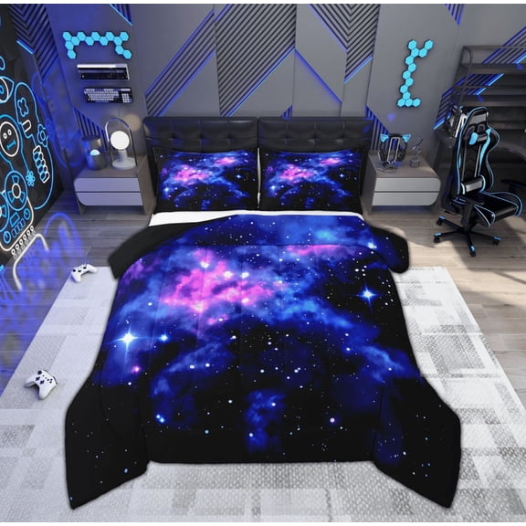 Manfei Dreamy Starry Sky Bedding Sets Twin with Comforter, Glitter Stars Comforter Sets Twin Size, Black Blue Reversible Down Comforter, Ultra Soft Room Decor, 2 Pieces