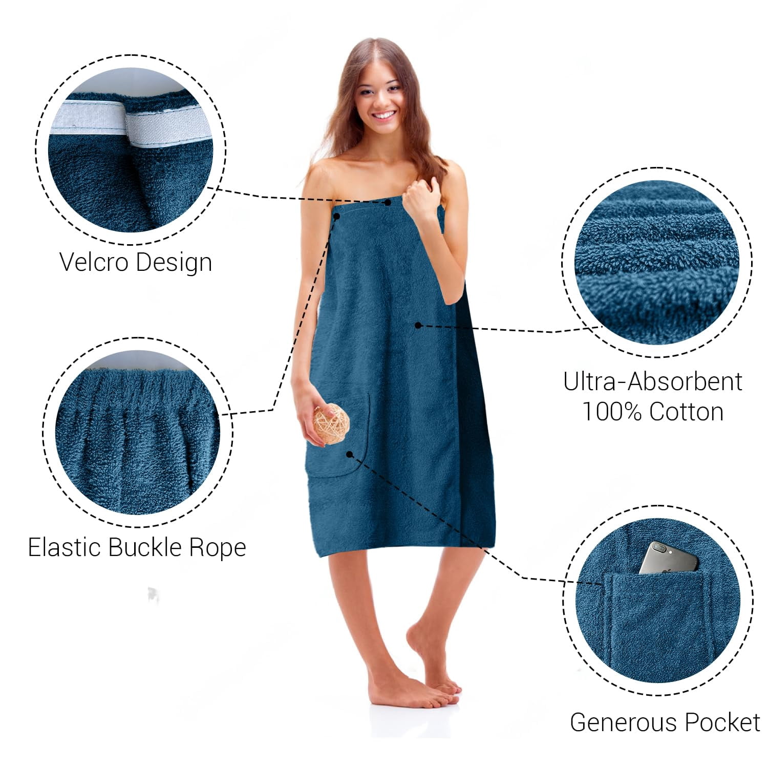 Dan River Shower Wrap With Pocket Pack of 1 Lightweight Terry Cotton Bath Towel Wrap - Blue Opal, 32X60in