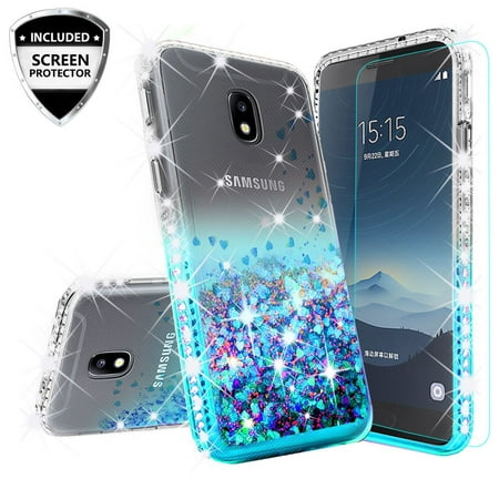 Cute Liquid Glitter Bling Diamond Bumper Phone Case for Samsung Galaxy J7 Crown Case,J7 Star Case,J7v 2nd Gen,J7 2018,J7 Refine Case w/Tempered Glass -