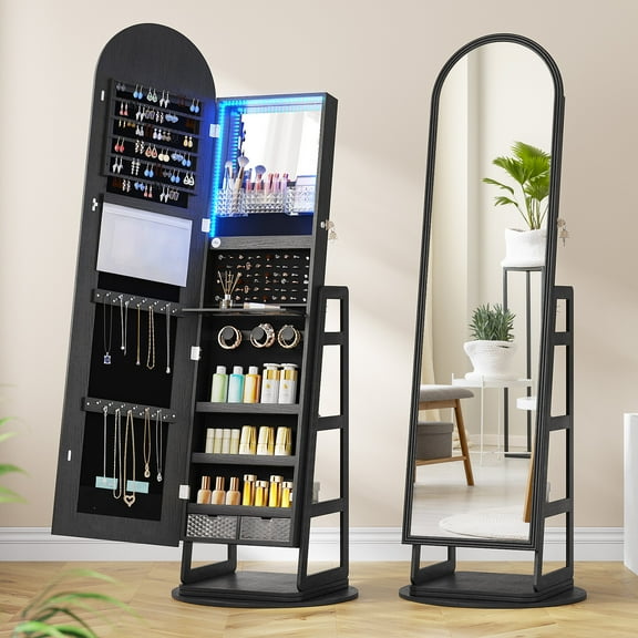 LVSOMT 64.9" Jewelry Armoire with 360° Swivel & Full-Length Mirror - Free Standing Makeup Organizer Lockable Storage, Black