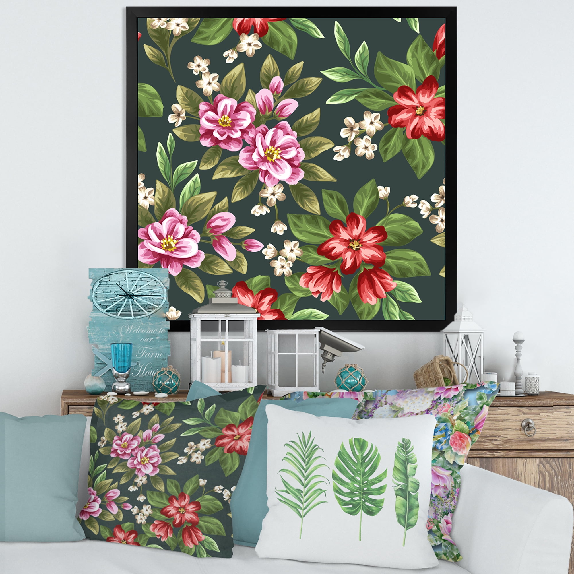 Designart 'Vintage Red and Pink Wildflowers I' Traditional Framed Art Print