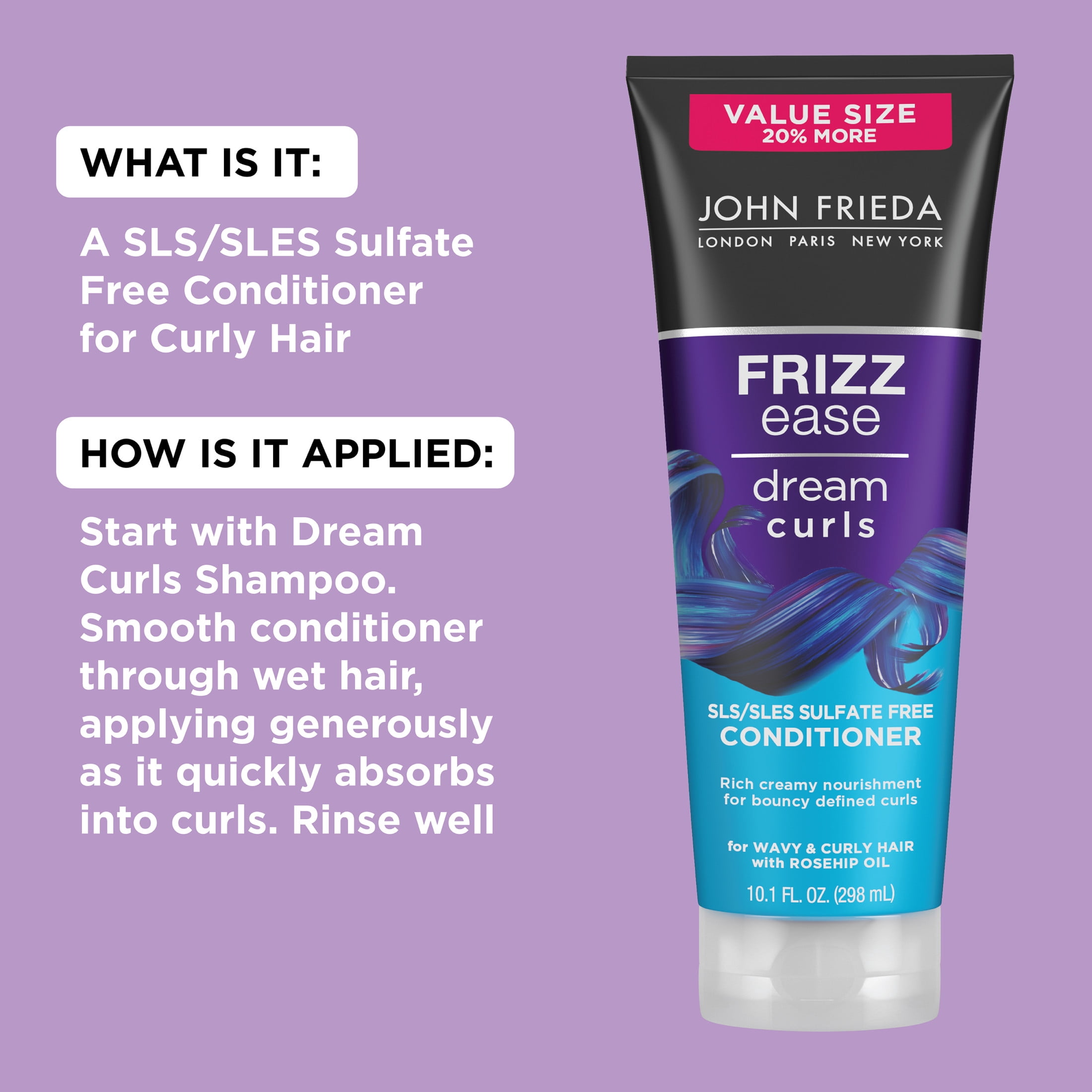 John Frieda Frizz Ease Dream Curls Conditioner, for Curly Hair, Sulfate Free, 10.1 fl oz