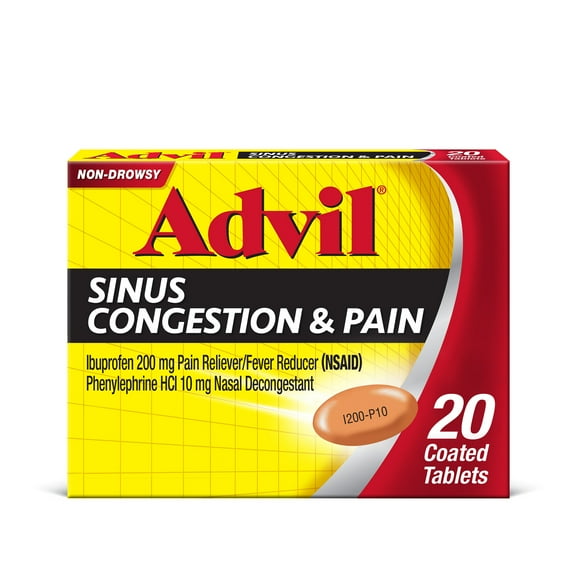 Advil Sinus Congestion and Pain, Sinus Medicine, Pain Reliever and Fever Reducer With Ibuprofen and Phenylephrine Hcl, Coated Tablets, 20 Count