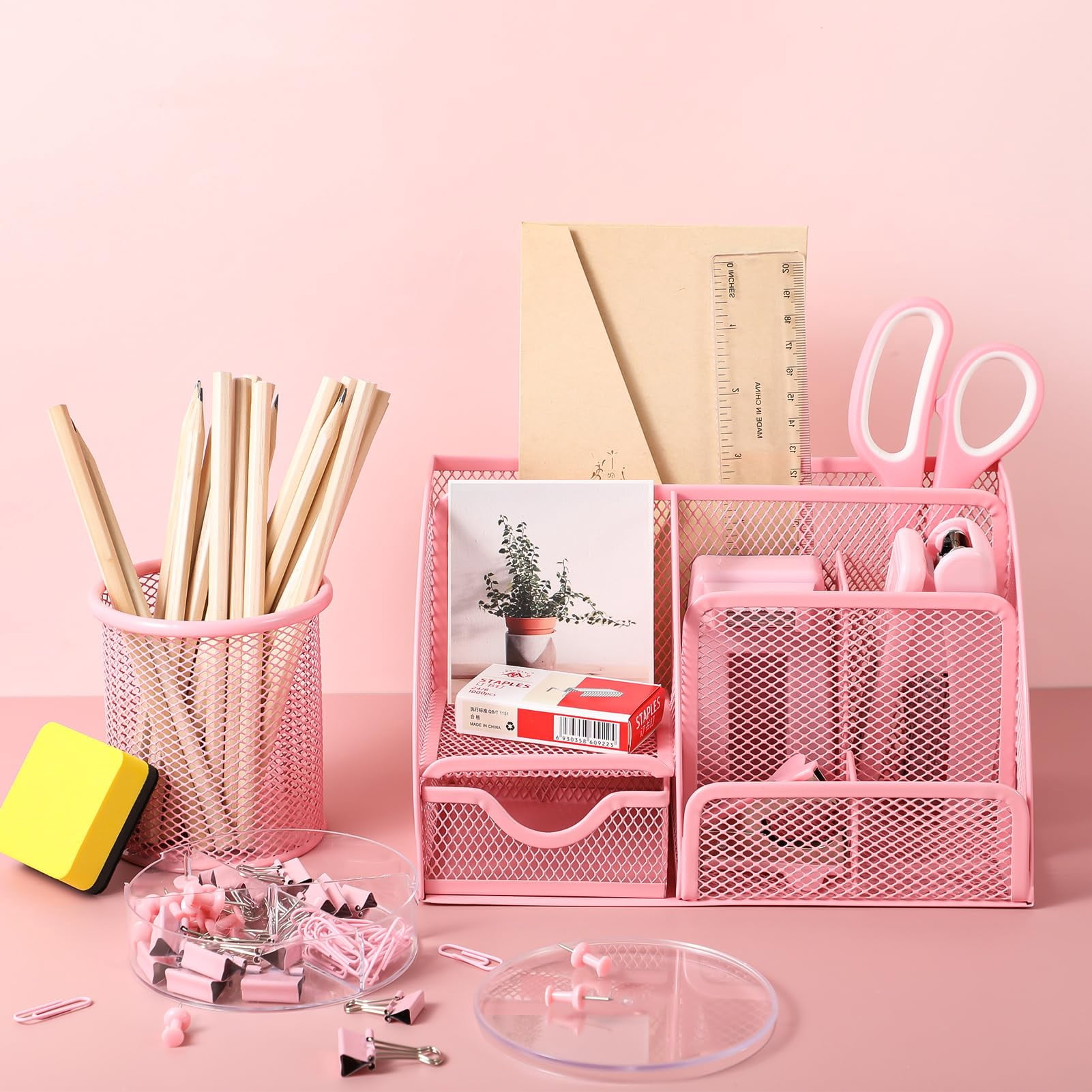 Pink Desk Organizers And Accessories  Office Supplies Include Mesh Organizer Tape Dispenser Stapler 1000 Staples Staple Remover Pen Holder Clips Set Ruler