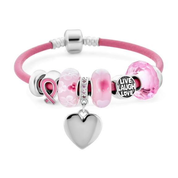 Bling Jewelry Womens Breast Cancer Pink Ribbon Engraving Heart Charm Live Laugh Love Bead Charm Leather Bracelet Sterling Silver