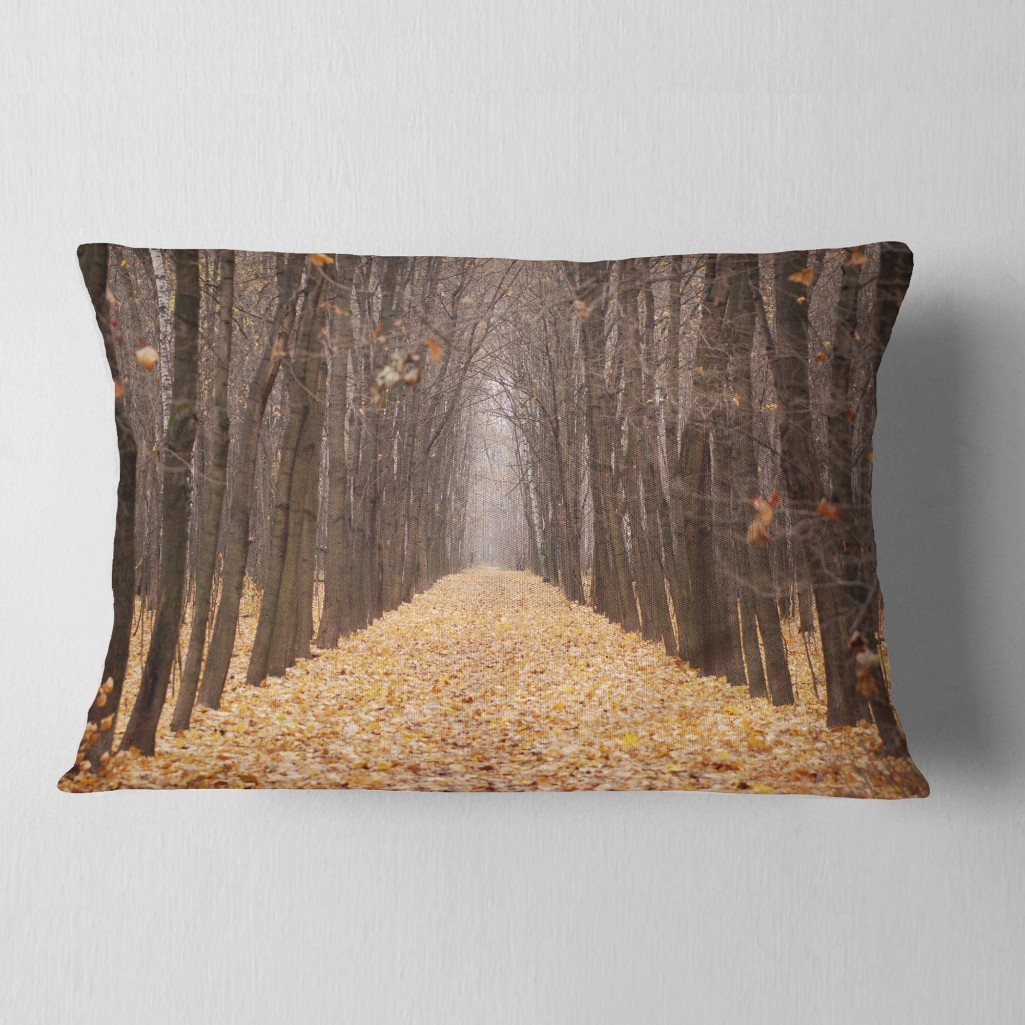 Designart Yellow Road through Fall Forest - Modern Forest Throw Pillow - 12x20