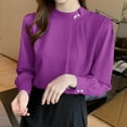thumbnail image 3 of Olyvenn Women's Long Sleeve Satin Tops Dressy Casual Beaded Mock Neck Work Blouse Fall Trendy Front Pleated Tunic Chiffon Shirts Purple XXL, 3 of 3