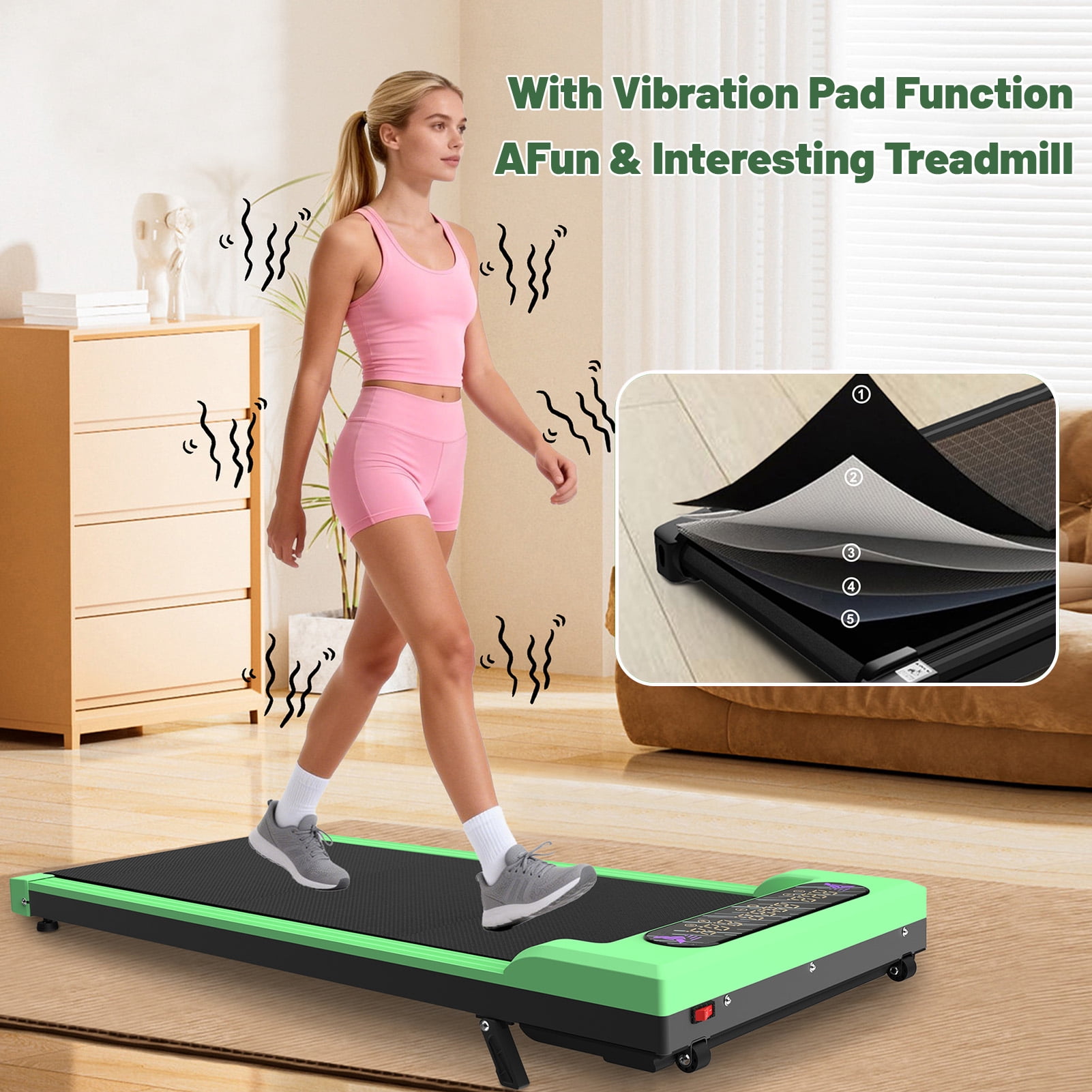 Foldable Treadmill With Handle Bar & Incline, 2 In 1 Upgrade Portable Under Desk Walking Pad And Vibration Pad With Remote Control For Home Office Small Spaces,Green