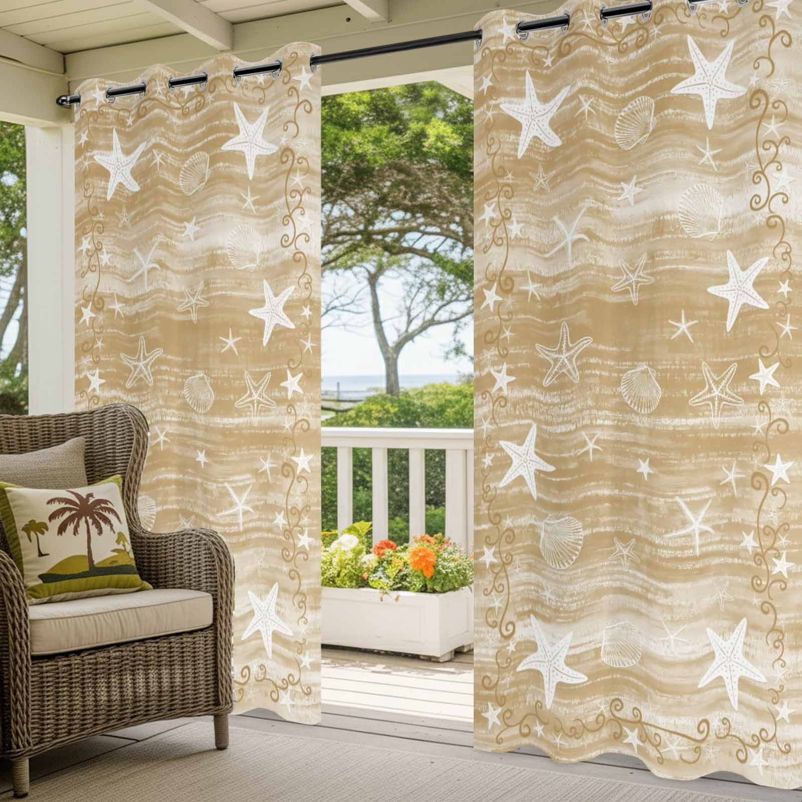 Light Brown Coastal Outdoor Curtains for Patio, Starfish Shell Summer Beach Ocean Rustic Sunshade Privacy Drapes Grommet Waterproof Outside Curtains for Porch/Cabana/Balcony 54"x 108", 1 Panel