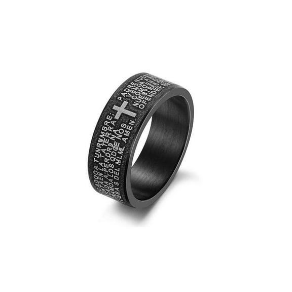 KATGI Ti Black Titanium Steel English Bible Frosted Cross Band Ring (Men)