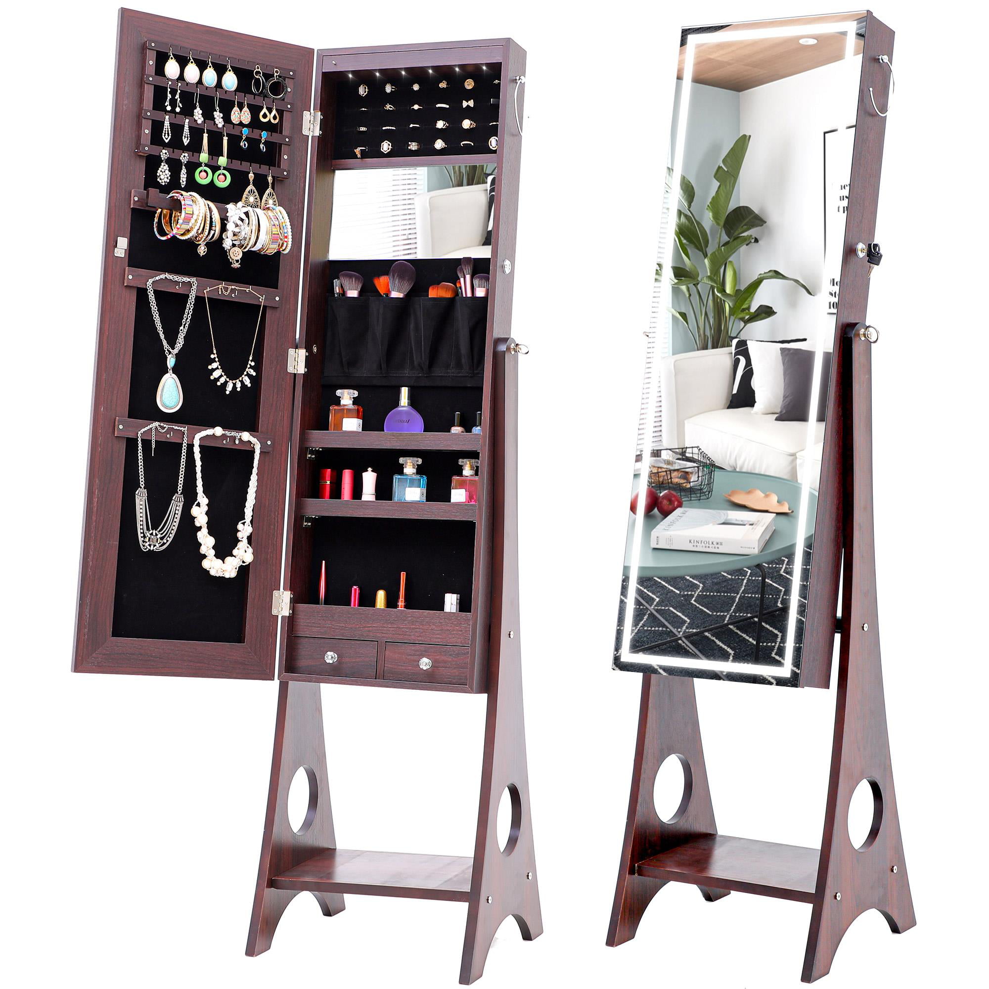 New Mirrored Jewelry Cabinet Armoire Mirror Organizer Storage Box Ring w/ Stand 