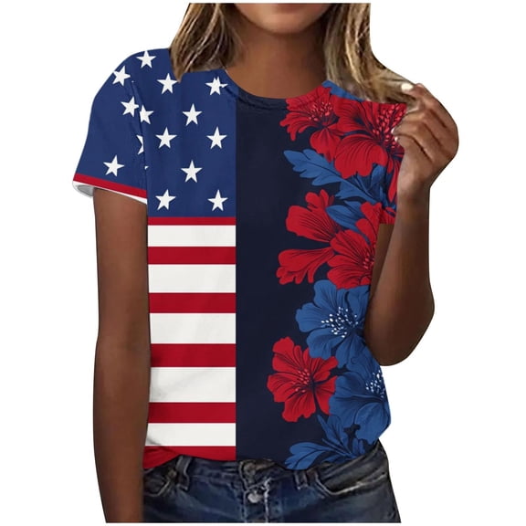 asdoklhq Usa Patriotic Tops Cotton Tshirts American Flag Shirts Women's Independence Day Printed Short-sleeved Round-neck Top Multicolor L