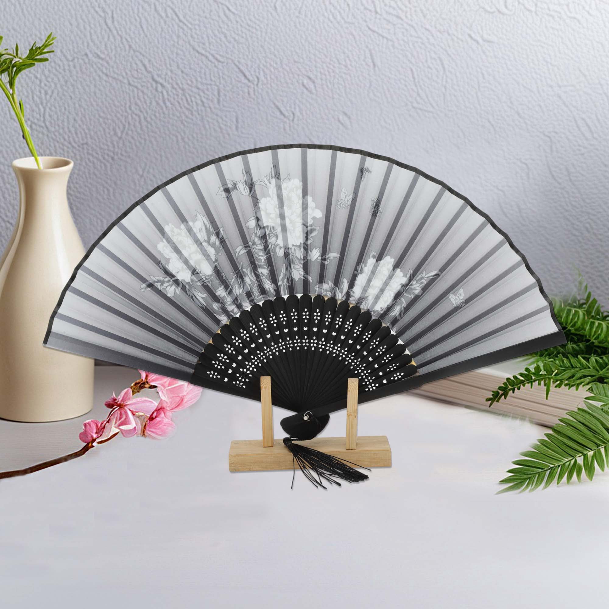 Unique Bargains Ancient Style Folding Fan 1Pc Gray [Blooming Peonies Prosperity Design]