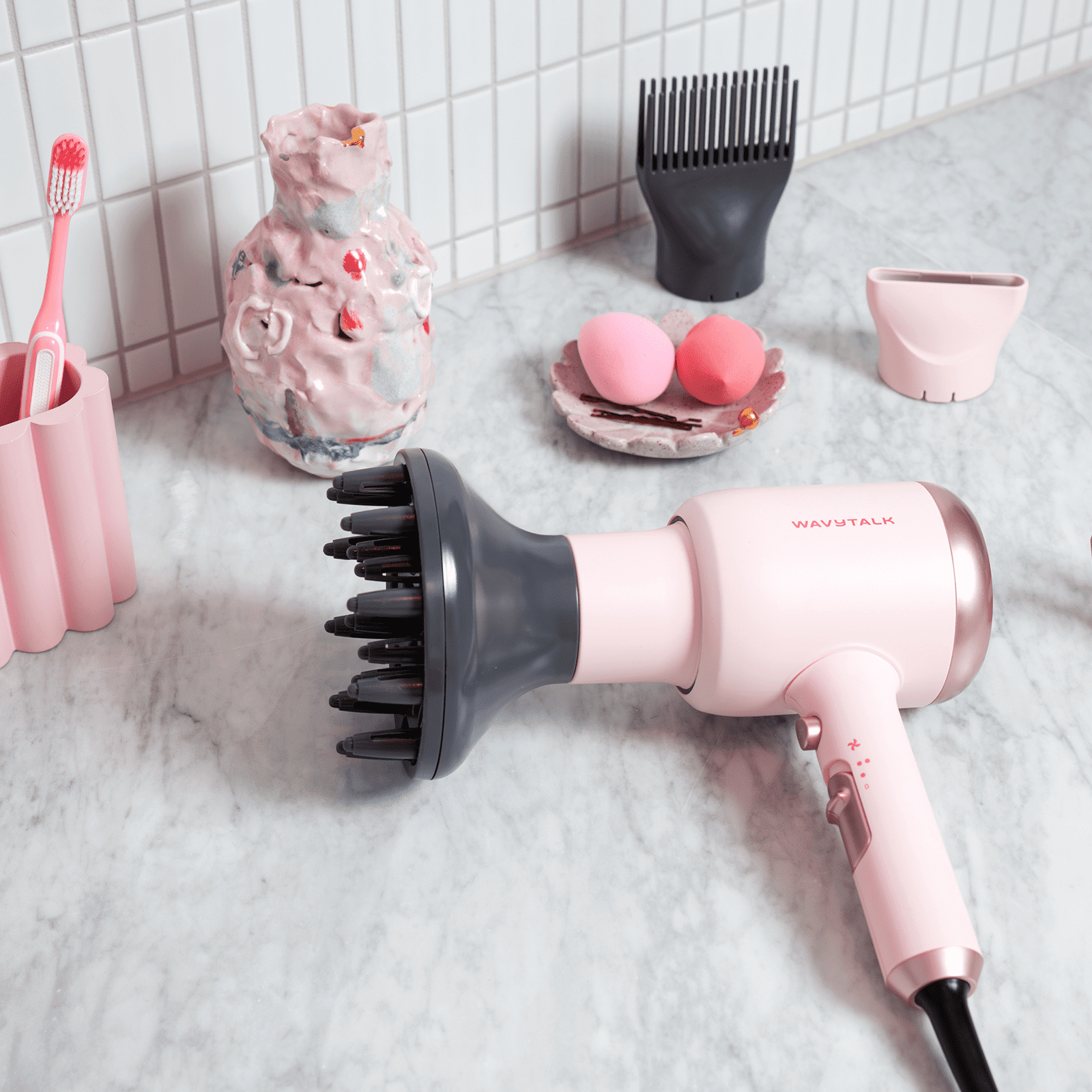 Wavytalk 1875W Hair Dryer with Diffuser, Ionic Blow Dryer for Curly Hair with Comb, 3 Attachments for All Hair Types, Light and Quiet, Pink