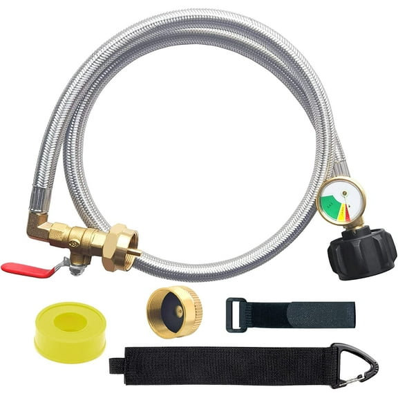 Upgraded 36" Stainless Braided QCC1 Type Inlet Propane Refill Adapter Hose Extension Propane Refill Hose with Gauge and ON/Off Control Valve for 1LB Propane Gas Tank 350PSI High Pressure Camping