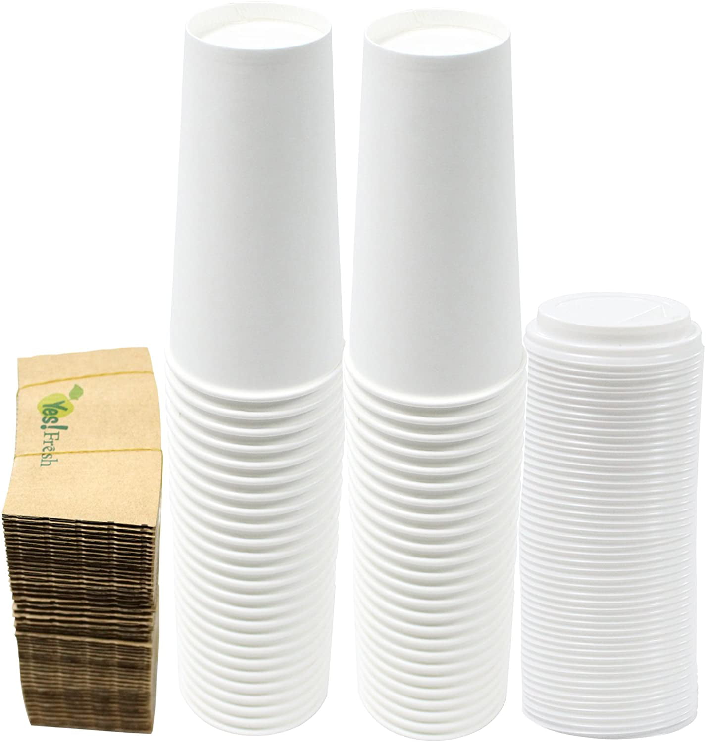 Durable White Paper Hot Coffee Cups with Cappuccino Lids and Protective Corrugated Cup Sleeves 16 Ounce Qty of 50 