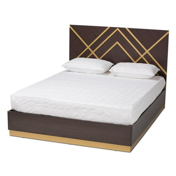 Pemberly Row Dark Brown and Gold Finished Wood Queen Size Platform Bed