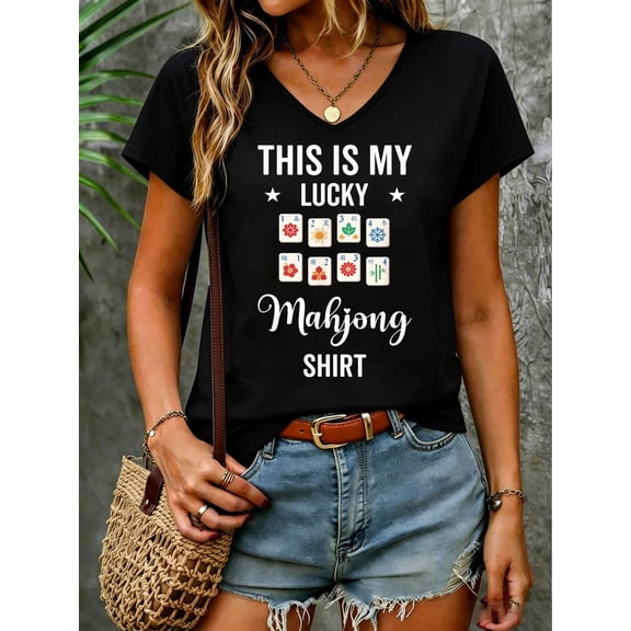 This is My Lucky Mahjong Shirt V Neck T-Shirt Cotton Women's V Neck Graphic Tee, Casual Short Sleeve Shirt,Vacation Outfit