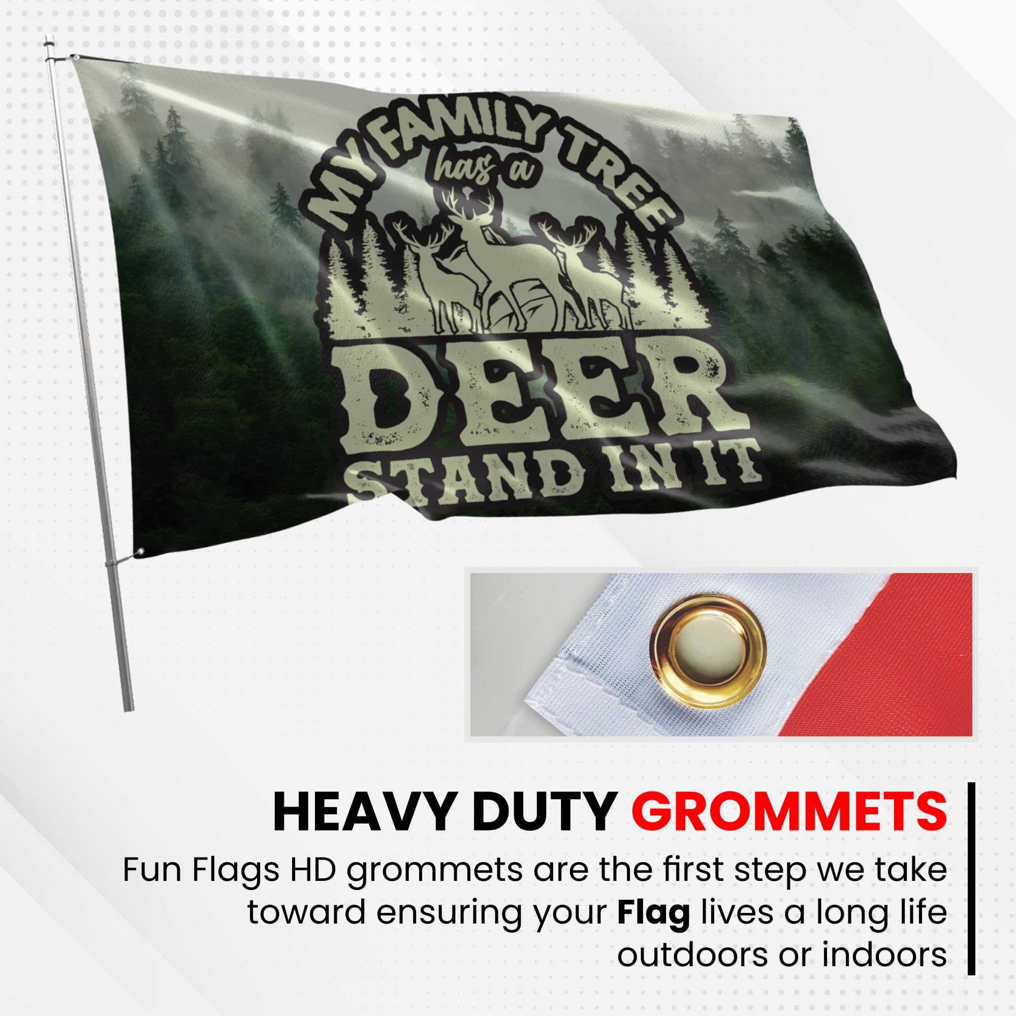 Fun Flags My Family Tree Has A Deer Stand In It Flag - Durable and Weather Resistant Hunting Flags, Vibrant Color Country Banner, 3x5 Indoor And Outdoor Flag