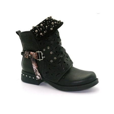 Women Studded Goth Zip Combat Ankle Boots Hollow Carved Tube Buckle Martin