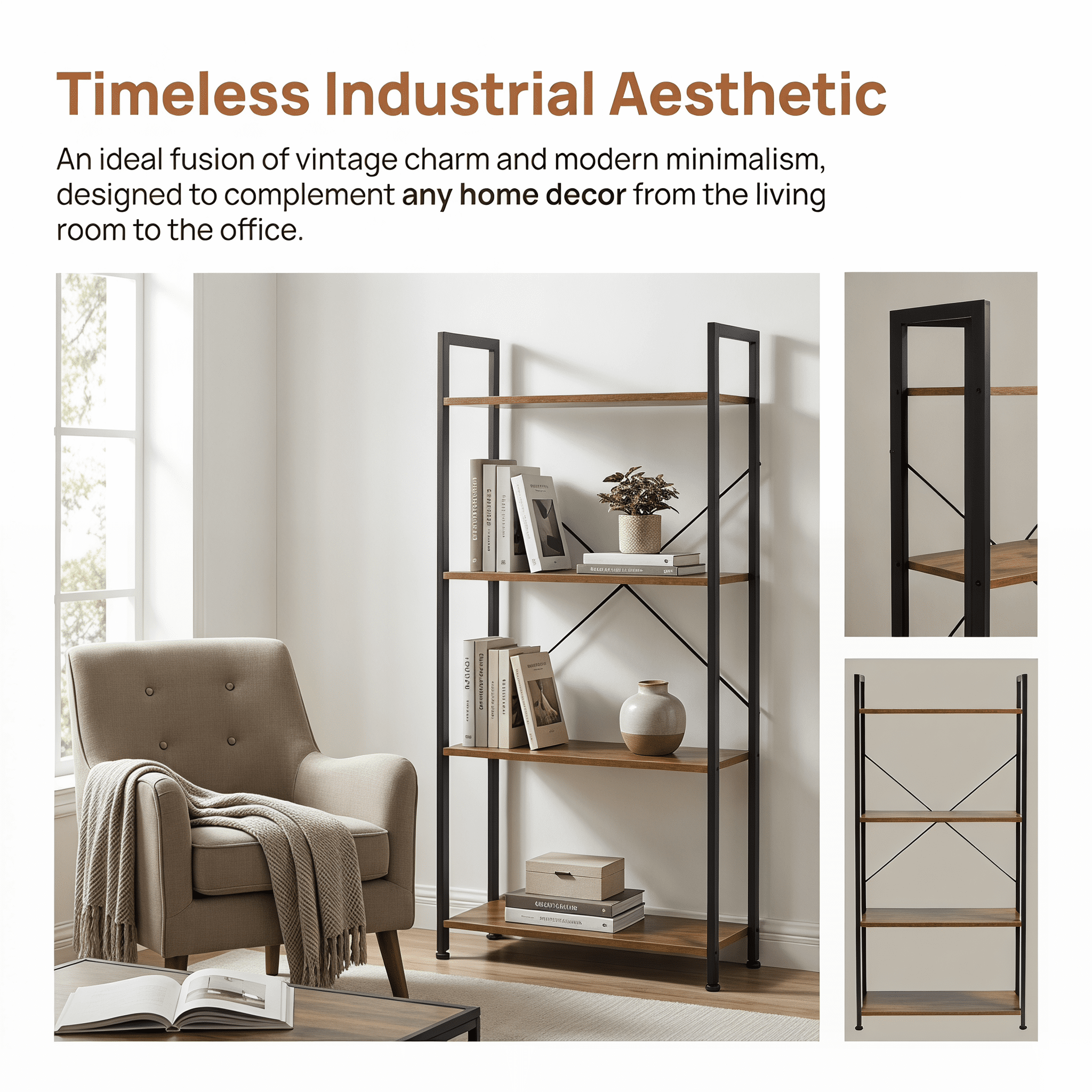 YEEZEE 4-Tier Bookshelf, Industrial Open Shelving Unit, Modern Tall Bookcase Ideal For Bedrooms, Living Rooms, And Home Offices Rustic Brown