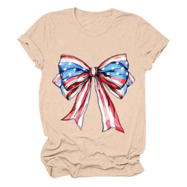 Tops Cortos para las Mujeres, Cuello Redondo de Manga Corta Impresa Por el Arco Del Día de la Independencia Hecha de 95% Poliéster 5% Spandex para Primavera Verano, Primavera de las Mujeres