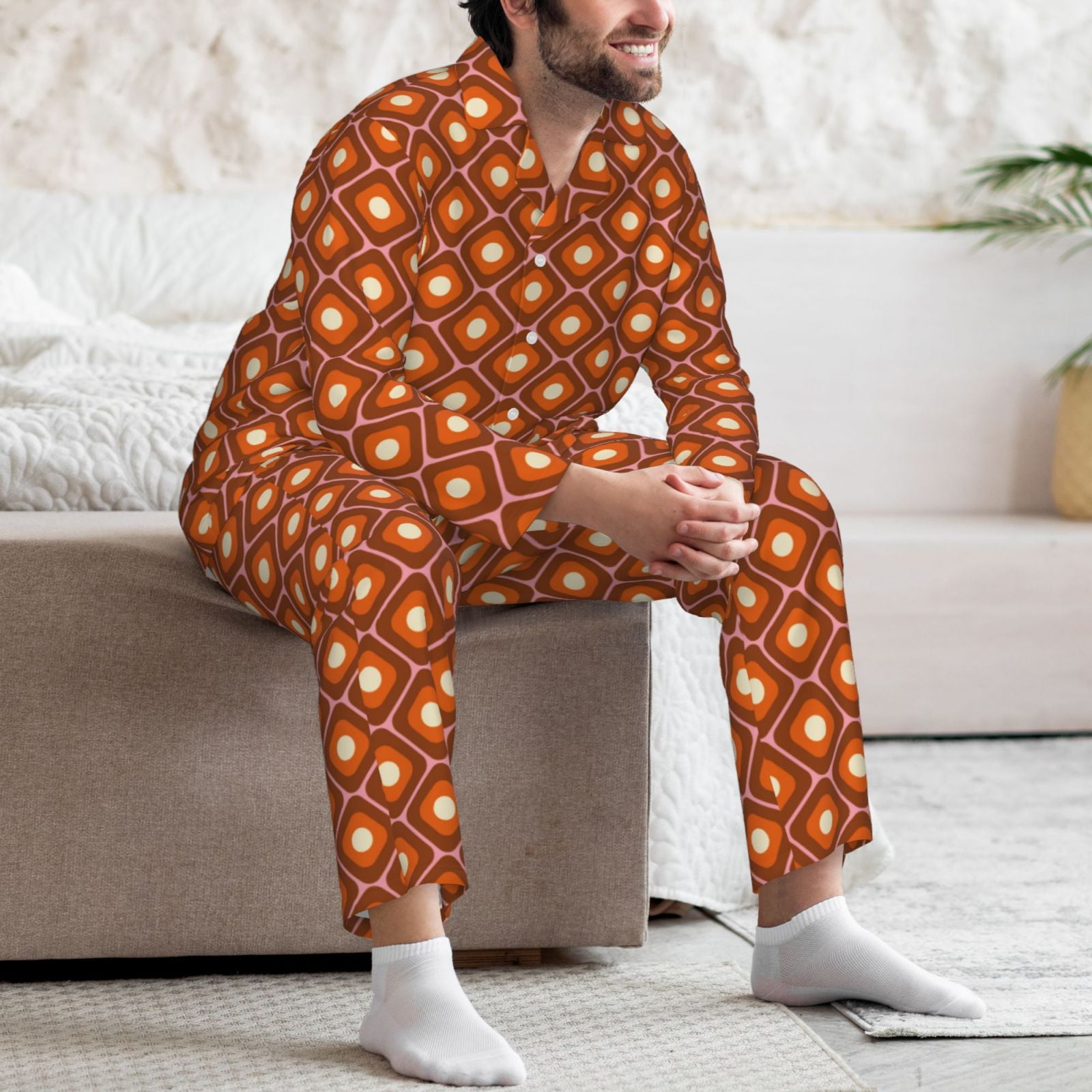 Gaeub 60s and 70s Aesthetic Print Mens Pajama Set, Long