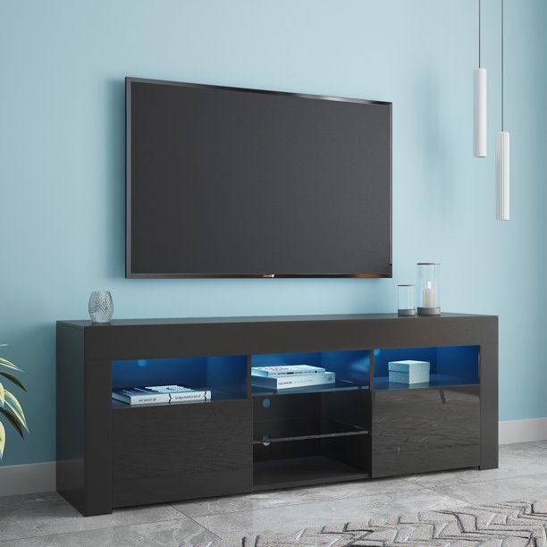 uhomepro Modern Black TV Stands for 65 Inch TV, High Gloss Fronts TV