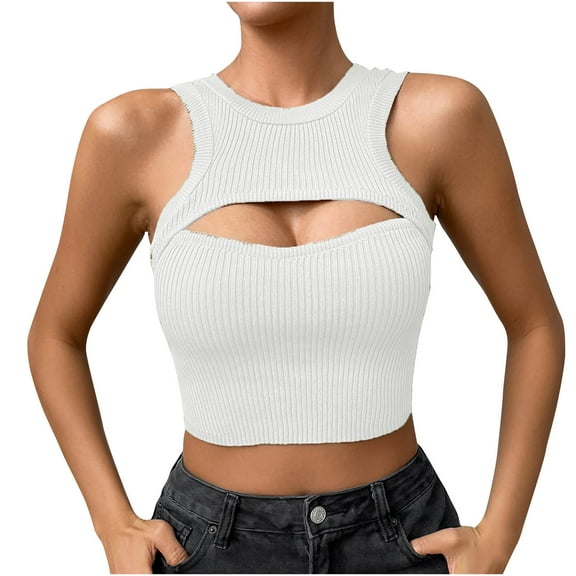 Timegard Tank Top for Women Ribbed Cutout Crewneck Fitting Cropped Comfy Knit Tee Sleeveless Casual