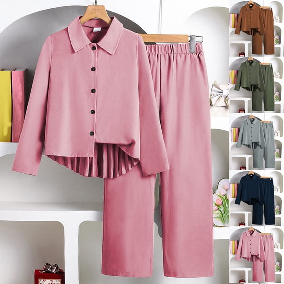 Auroural Girls Clothes Sets 14-16 Boys Girls Tow Piece Casual Matching Outfit Lapel Shirt Button Front Shirt Pleated Hem Elastic Waist Wide Leg Pants