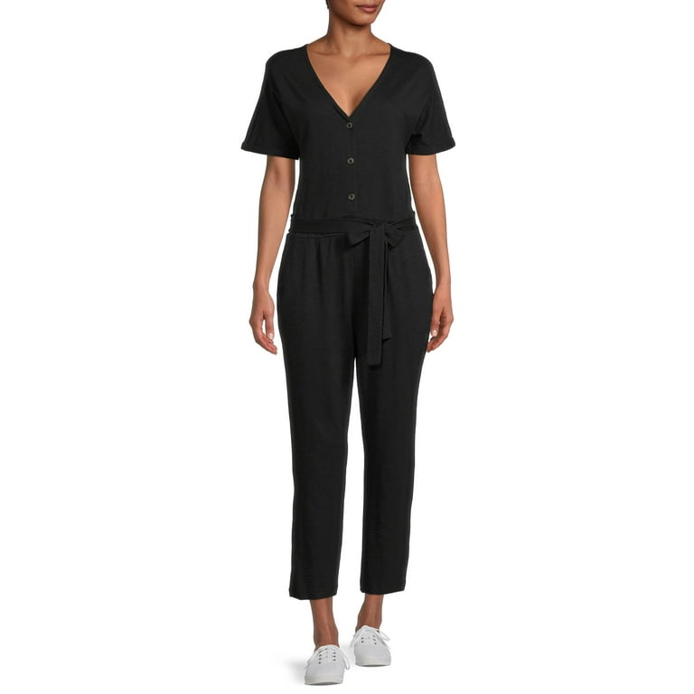 Time and Tru Women s Short Sleeve Knit Jumpsuit with Belt