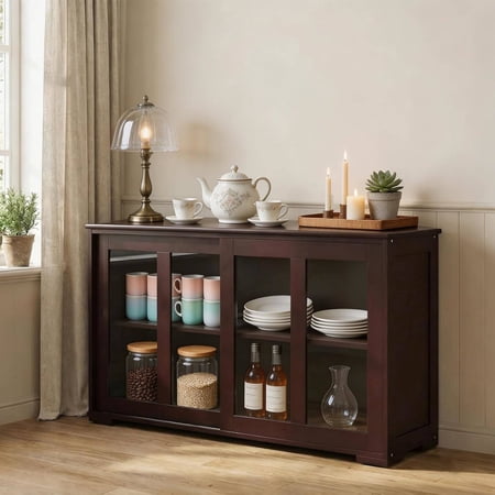 Buffet Cabinet Sideboard with Glass Doors Kitchen Storage Coffee Bar Cabinet w/Adjustable Shelf & 2-Door Floor Cupboard Stackable Storage Cabinet for Kitchen or Entryway