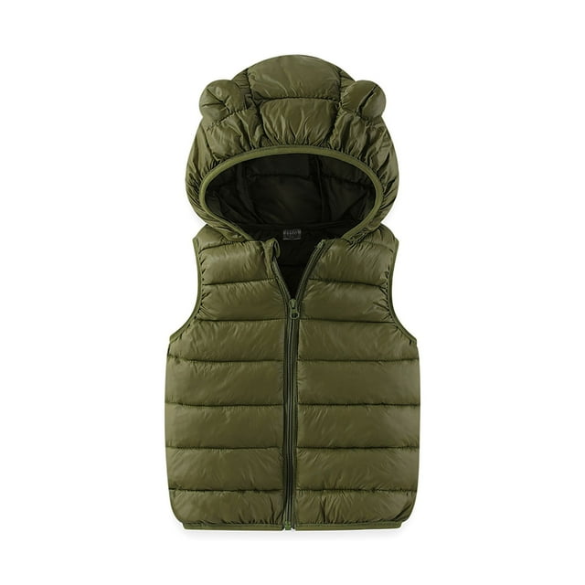 Fall/Winter Saving! HVOBTTY Boys Sleeveless Sport Jacket, Toddler Kids Boys Girls Fashion Solid Color Windproof Padded Clothes Jacket Hooded Coat Army Green, 4 Years