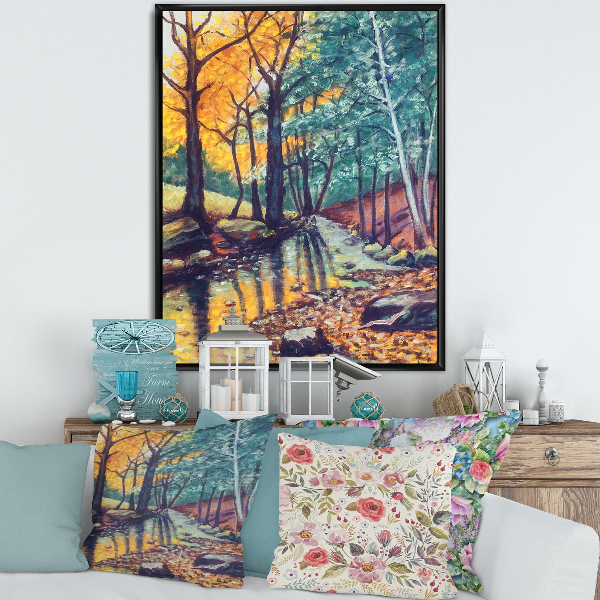 Designart 'Landscape With Autumn Forest Sunset River' Traditional Framed Canvas Wall Art Print