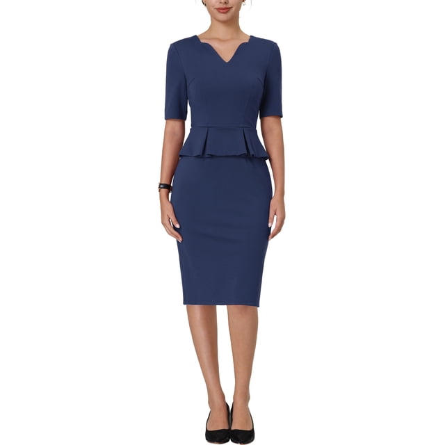 Unique Bargains Robe Fourreau Femme Col en V Travail Peplum Robe Crayon Bleu Marine TG