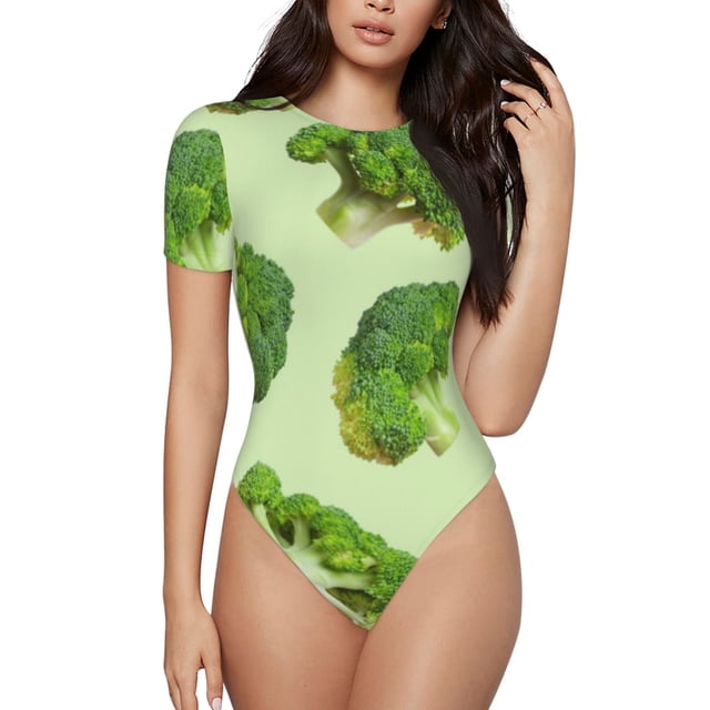 Fotbe Broccoli 3 Pattern Women's Crew Neck Short Sleeves Bodysuit Tops Round Neck Slim Sleeveless Soft Comfortable Basic-Large