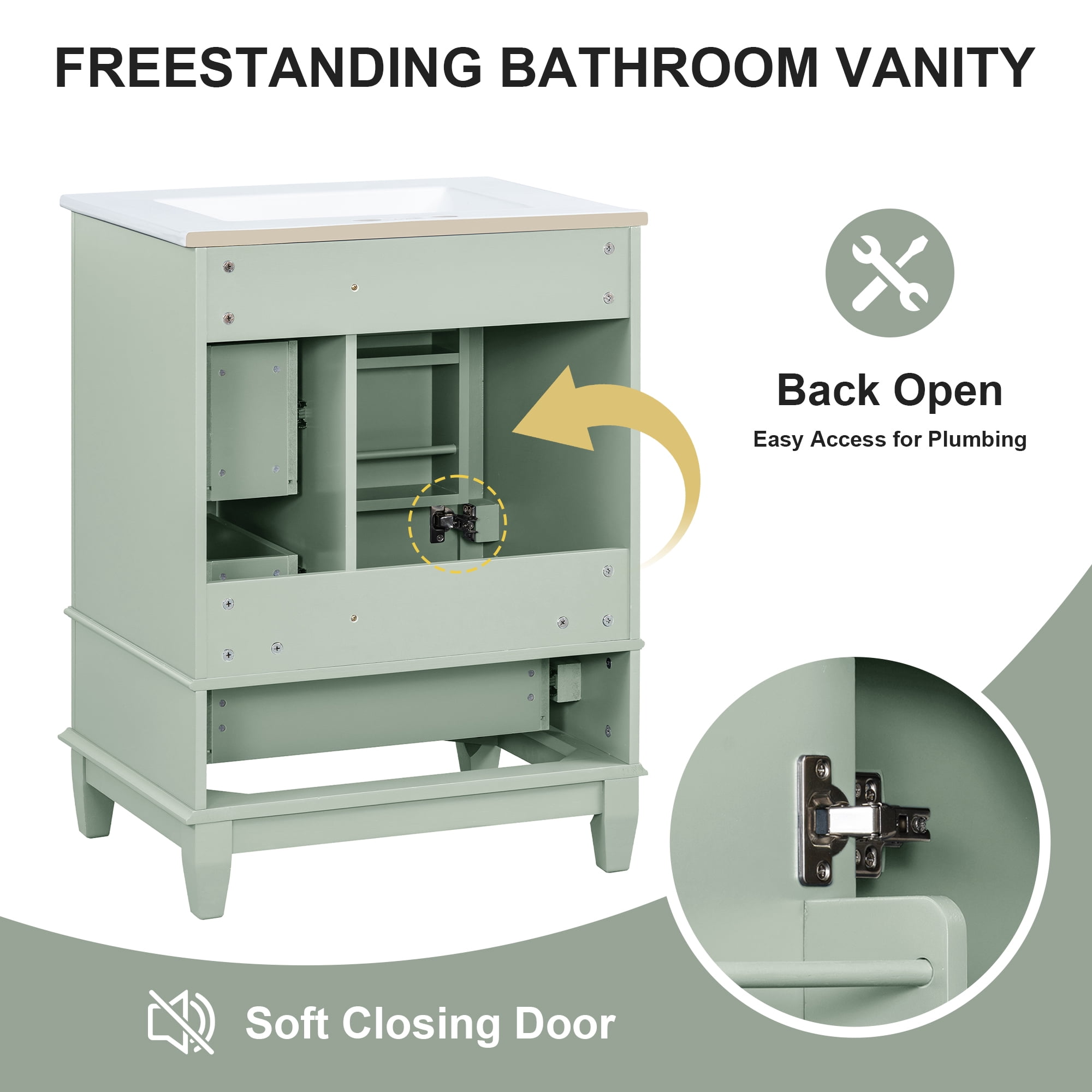 Aukfa 24" Bathroom Vanity with Ceramic Sink, Freestanding Solid Wood Base Cabinet,3 Drawers & Side StorageGreen