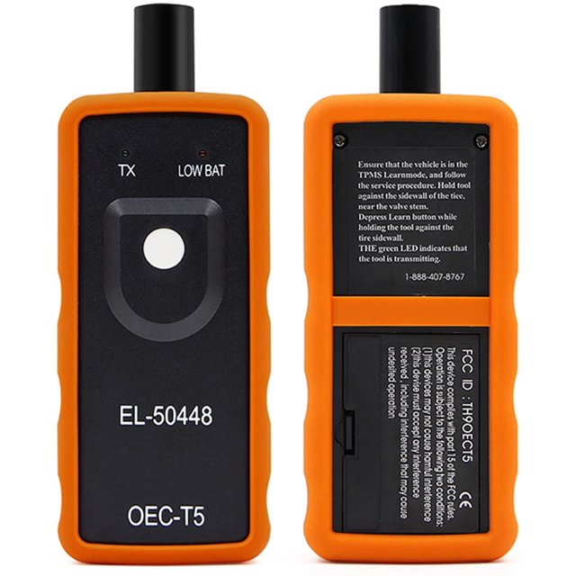 EL-50448 TPMS Tire Pressure Monitor TPMS Activation Tool Relearn Reset Tool OEC-T5 for GM Series Vehicles. The image displays the tool's front and back views, featuring an orange casing and black interface. The front side includes a button labeled 'EL-50448' and 'OEC-T5,' with indicators for 'TX' and 'LOW BAT.' The back side provides usage instructions and compliance details.