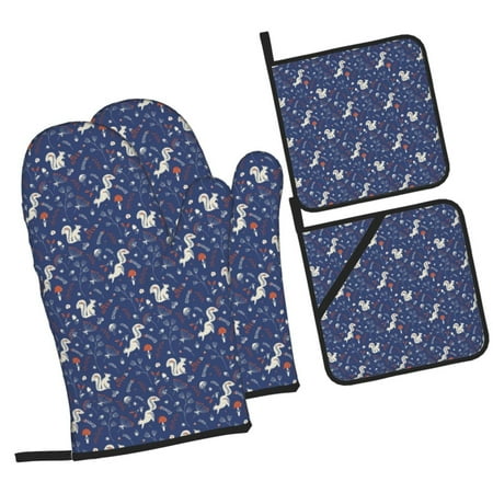 

Tebeau Squirrel Flower Print 4 Pcs Oven Mitts and Pot Holders 500°F High Heat Resistant Kitchen Oven Mitts with Pot holders Long Oven Mitts for Baking and Cooking