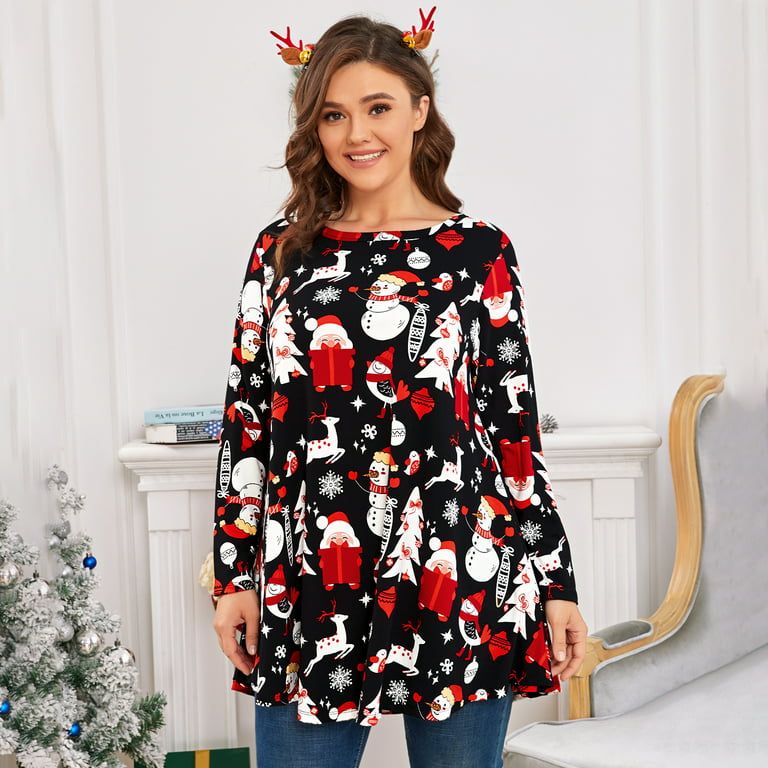 Larace Plus Size T-Shirt for Women Christmas Print Top Long Sleeve Tunic  Tops(4X,Flower47_Christmas) 
