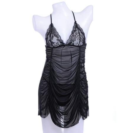 Black Negligee - Anna-Kaci S/M Fit Black Cross Back Straps Ruched Curtain Draped Front Negligee