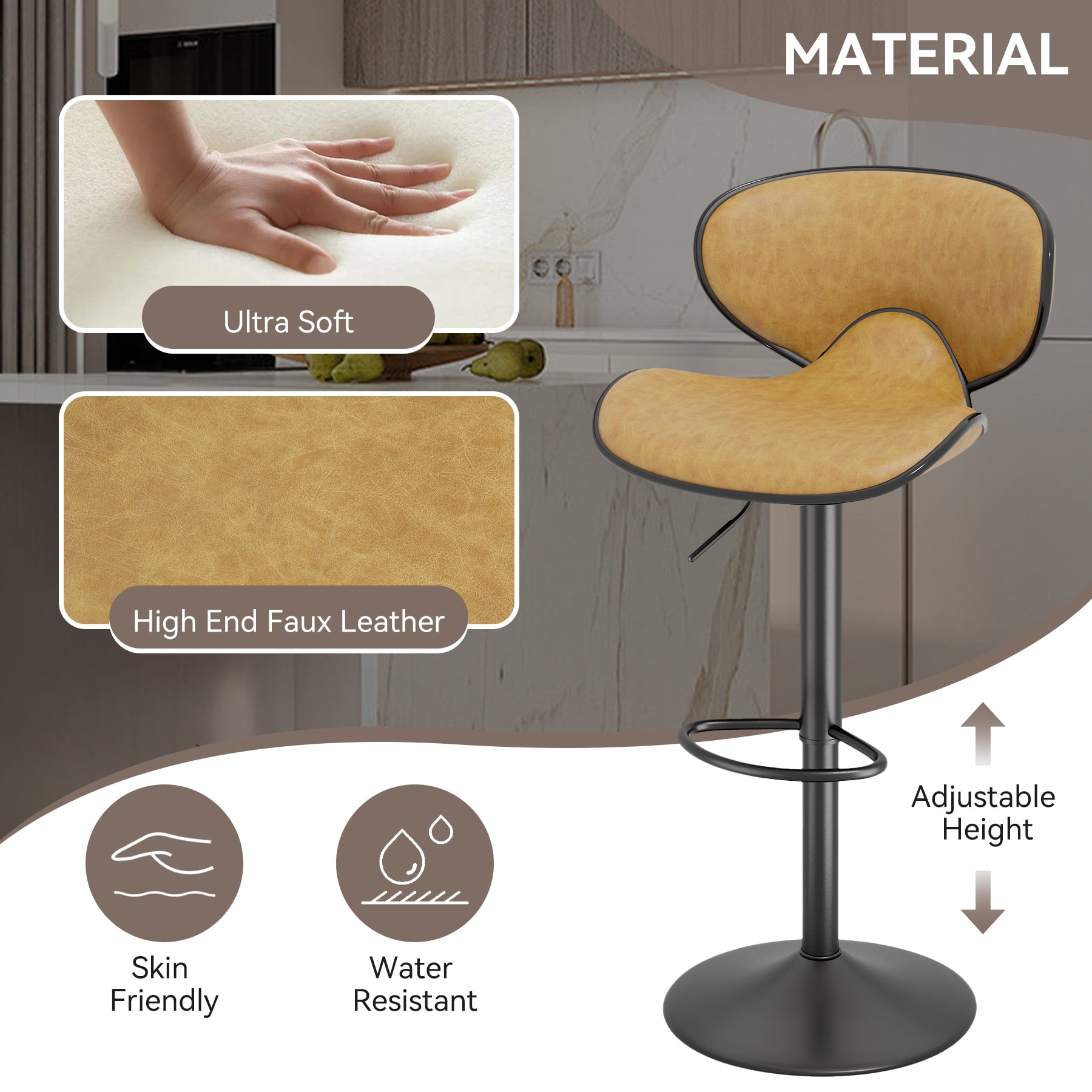 Hawsaiy Adjustable Swivel Bar Stools Set of 2 with Back and Footrest, Faux Leather Counter Height Kitchen Stools, Modern Bar Chairs for Island and Home Bar, Yellow