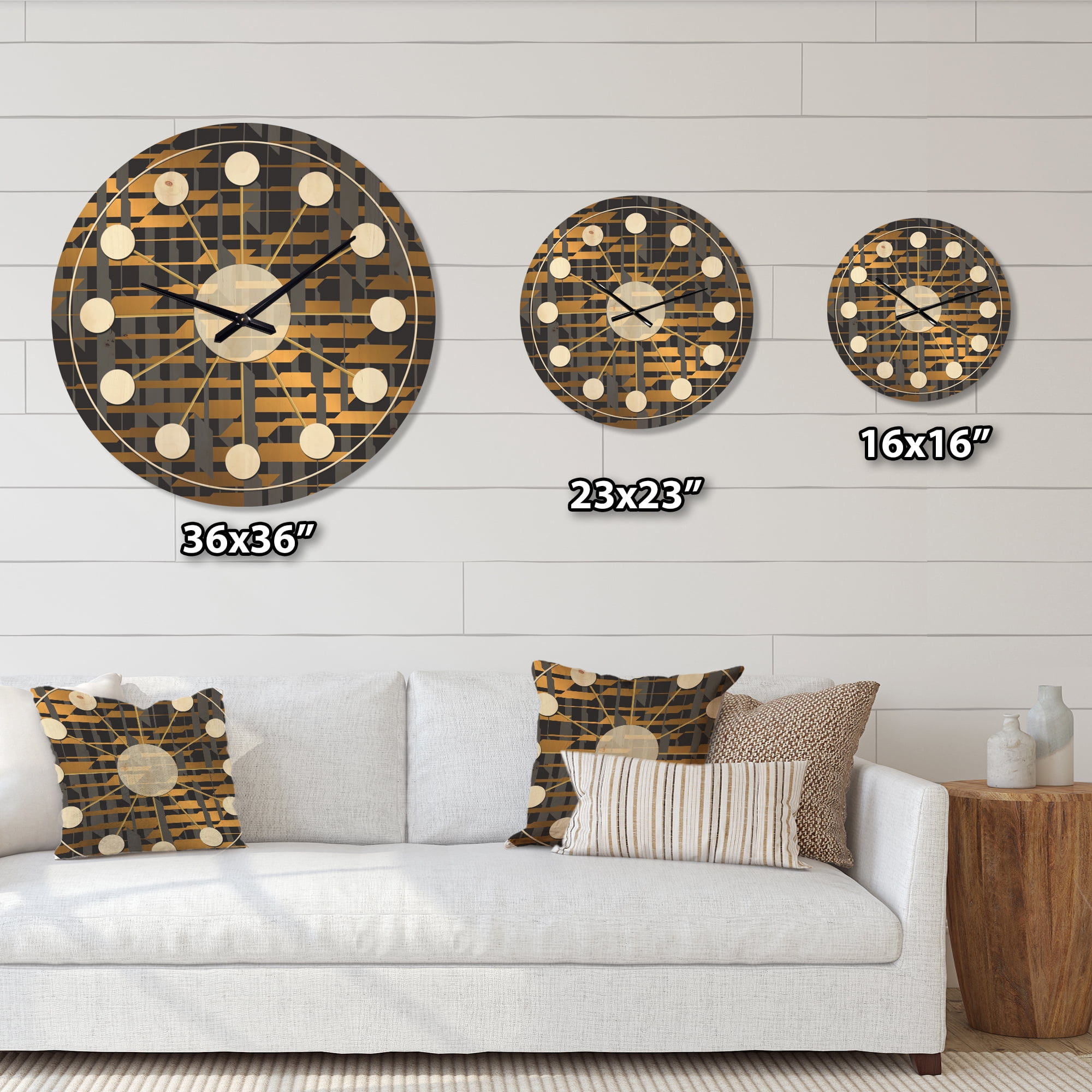 Designart 'Gold Checkered Retro Pattern I' Mid-Century Modern Wood Wall Clock