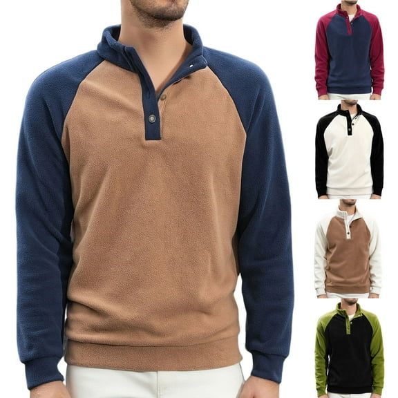 Fengqque Mens Long Sleeve Shirt Quarter Button Thick Lamb Wool Stand Up Collar Loose Fit Vintage Shirts White XL(XL)