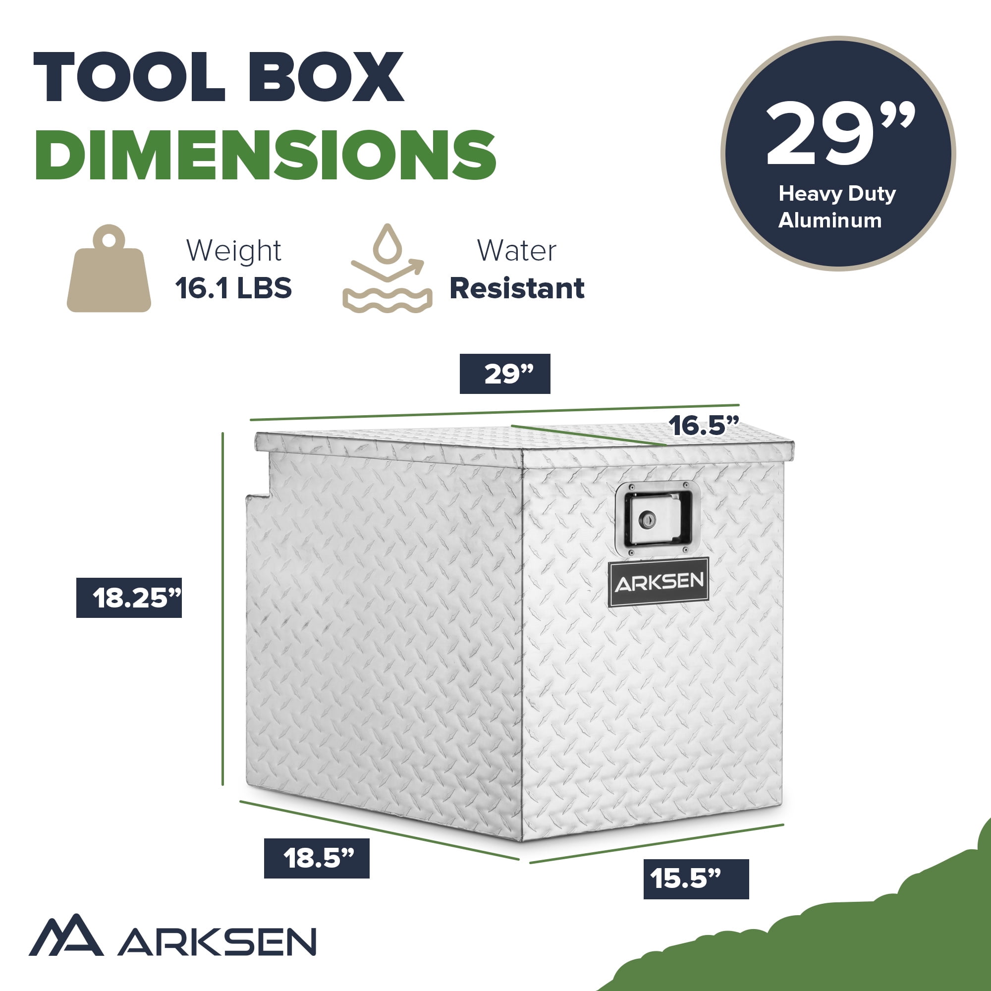 ARKSEN 29" Diamond Plate Aluminum Trailer Tongue Box Pickup Truck Tool Box Storage Organizer With Lock Key, Silver