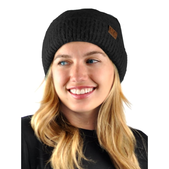 C.C Unisex Solid Color Warm Boucle Knit Skull Cap Cuff Beanie, Black