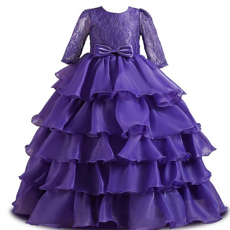 

YWDJ 3-10 Years Party Girl Dress Kids Dress Middle Sleeve Princess Dress Bow Tie Lace Mesh Dress Cake Dress Purple 7-8 Years