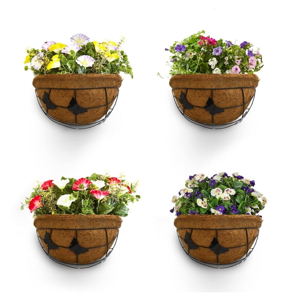 Palm Naki 14" Metal Wall Hanging Planter Basket with Coco Coir Liner, Set of 4, Half Round Planters, Indoor Outdoor Wall Basket, Hanging Wall Flower Basket