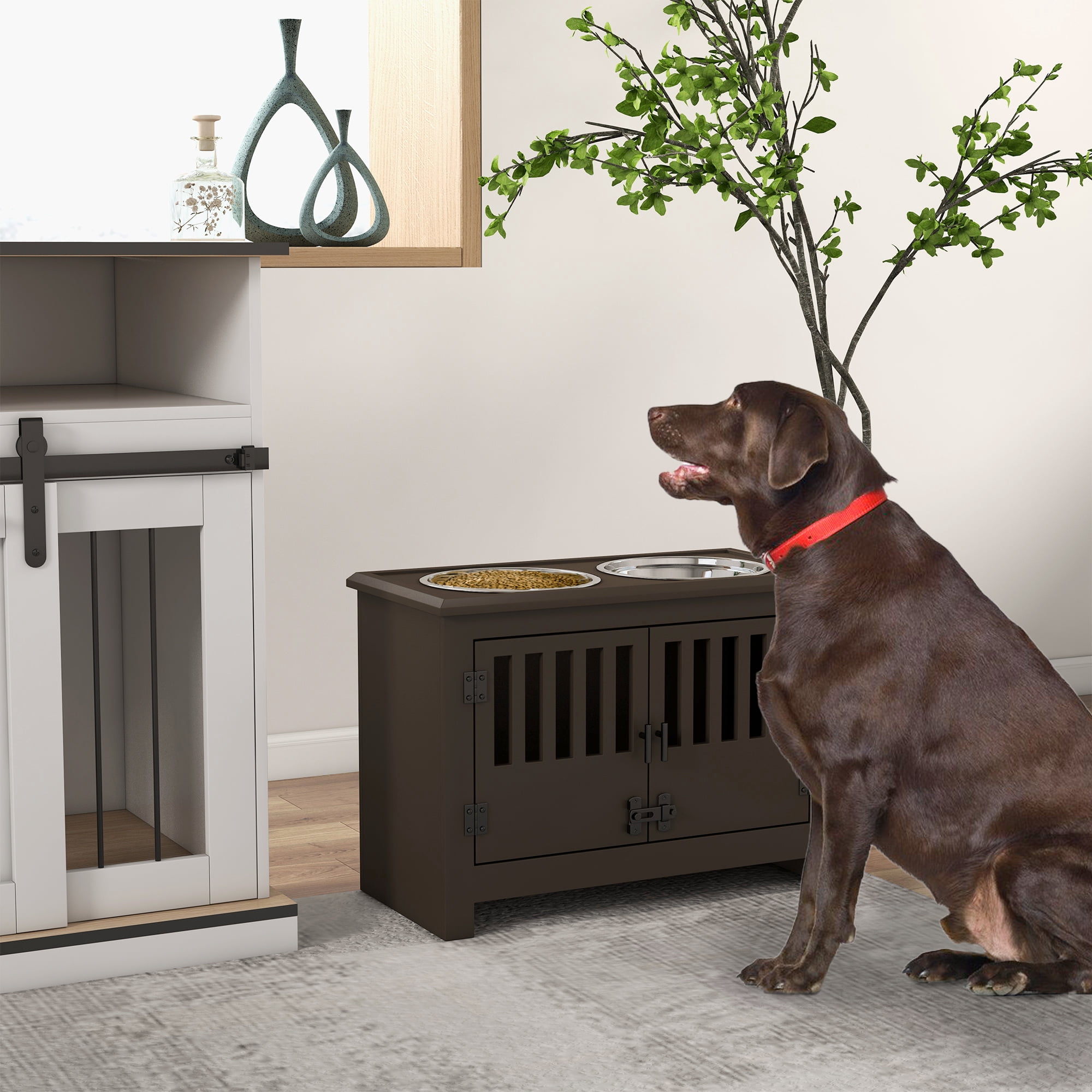 Large Elevated Dog Bowls with Storage Cabinet Containing Large 37L Capacity, Raised Dog Bowl Stand Pet Food Bowl Dog Feeding Station, Espresso