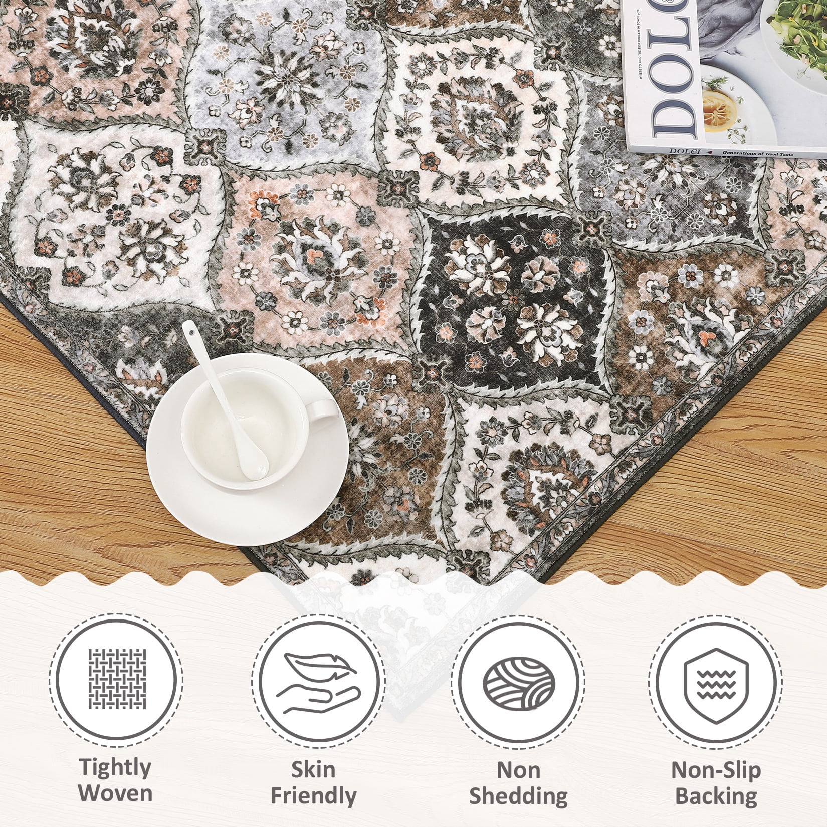 Luku 5ft*7ft Runner Rug Washable Moroccan Trellis Hallway Runner, Non-Slip Stain Resistant Area Rug Vintage Distressed Floral Kitchen Mat Floor Cover Carpet for Doorway Bedside